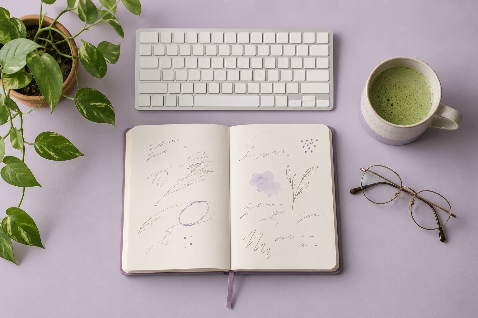 Escritorio ordenado visto desde arriba con teclado blanco, libreta, lentes redondos, planta en maceta de barro y una taza