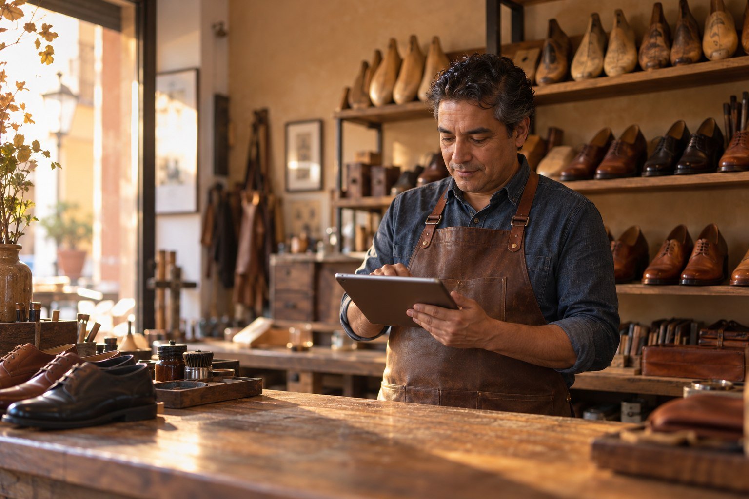 Hombre con tableta detrás de un mostrador, con zapatos y hormas de madera en repisas al fondo.