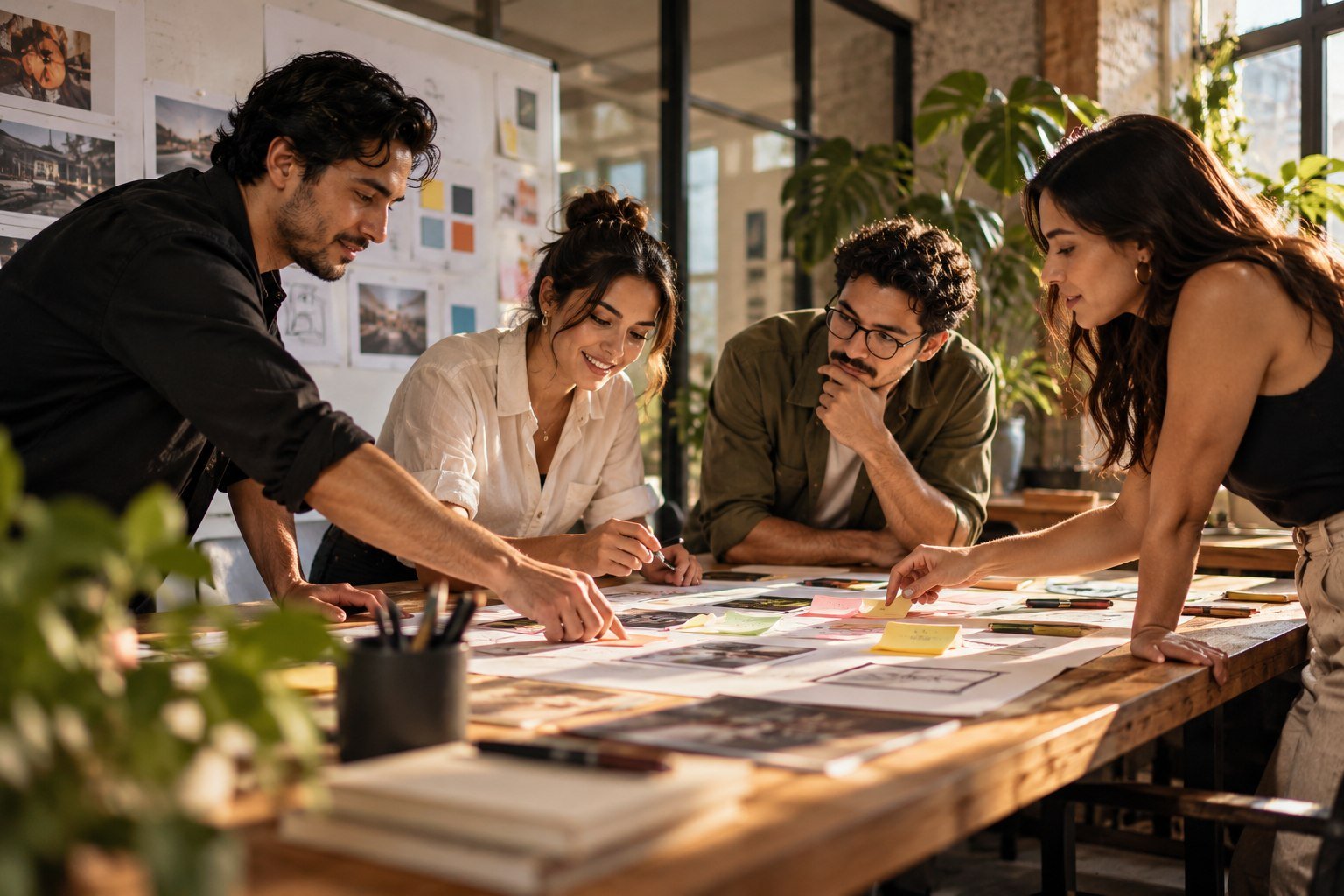 Cuatro personas se reúnen alrededor de una mesa con bocetos, notas y una maqueta en un estudio con plantas.