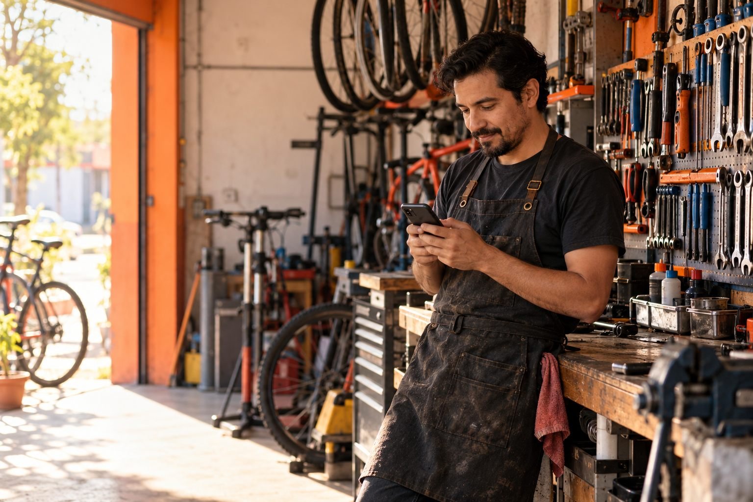 Mecánico de bicicletas revisa su celular en su taller con herramientas colgadas al fondo.