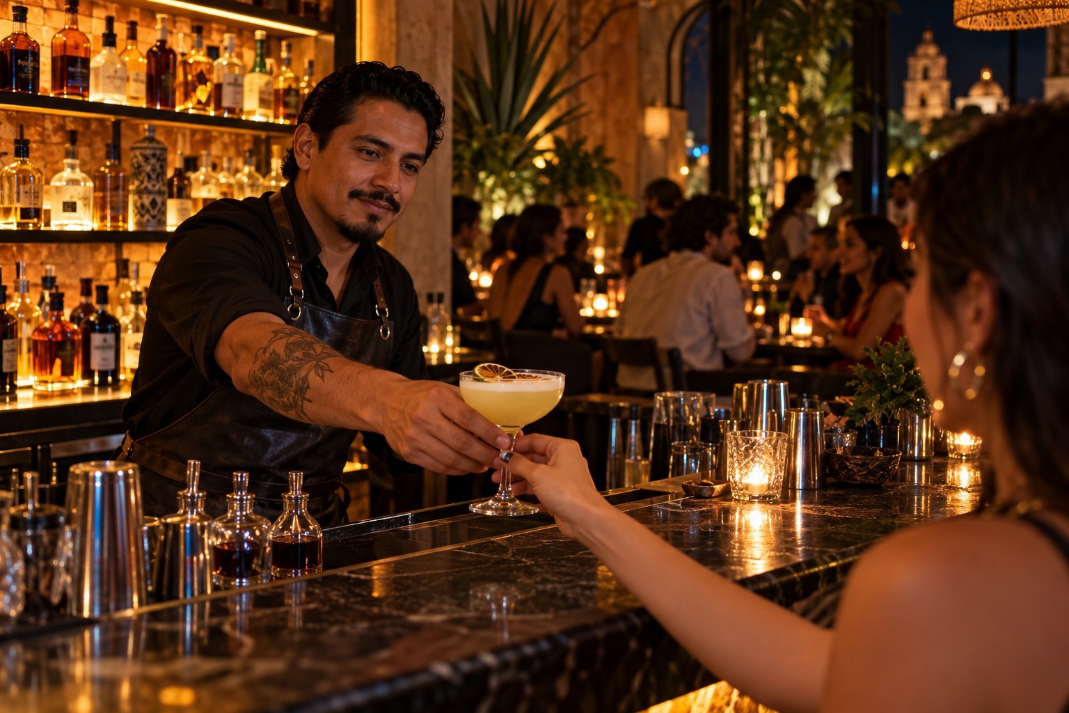Bartender entrega un coctel a una clienta en una barra de mármol, con clientes y luces cálidas al fondo
