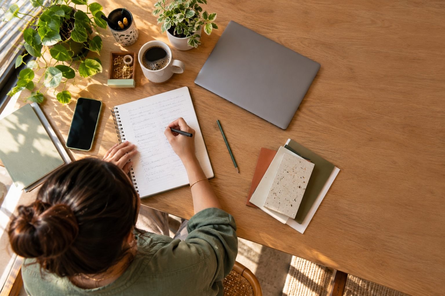 Escritorio de una redactora con libreta, taza de café y plantas, visto desde arriba.