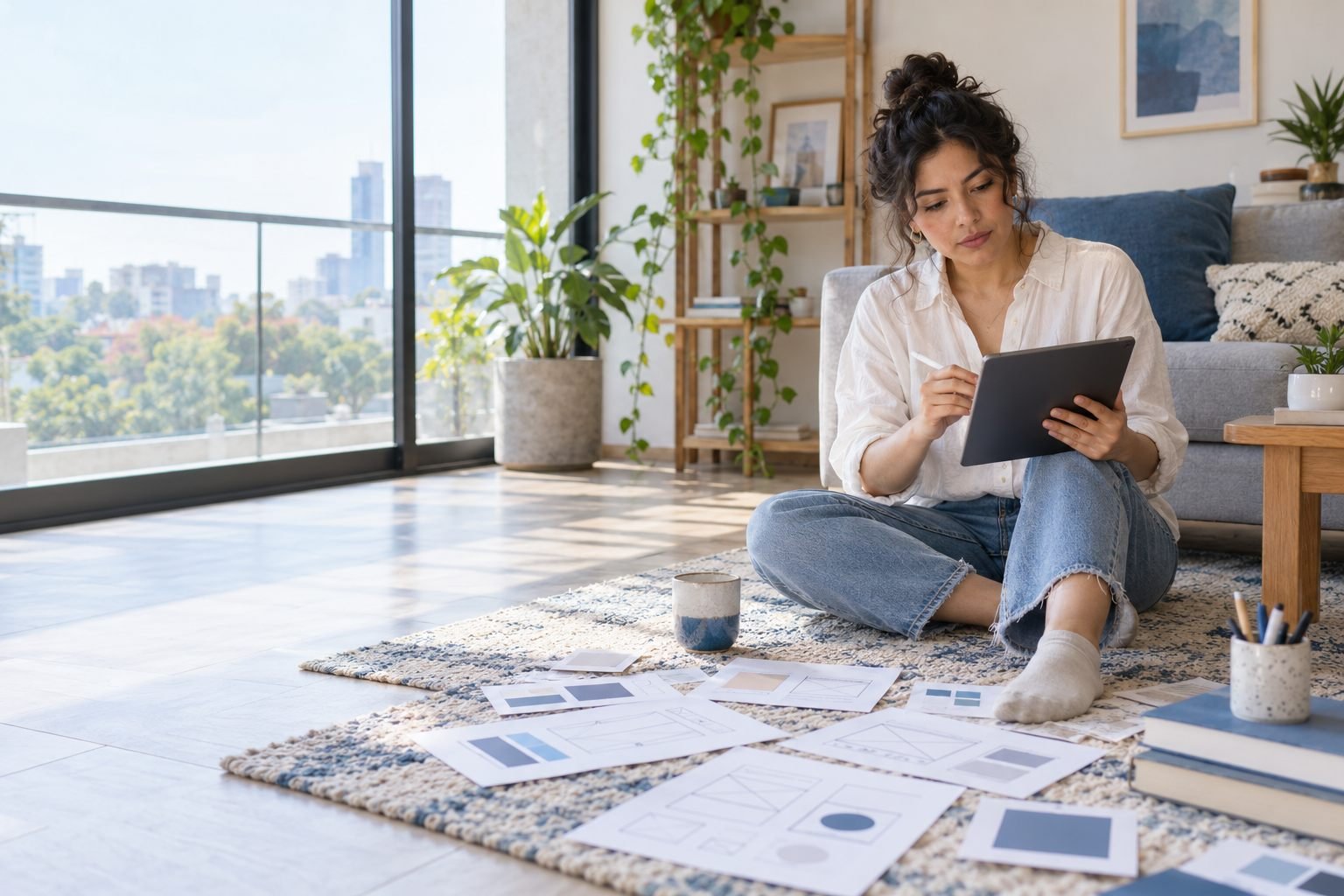 Diseñadora web con una tableta y bocetos de pantallas sobre una alfombra en su sala.
