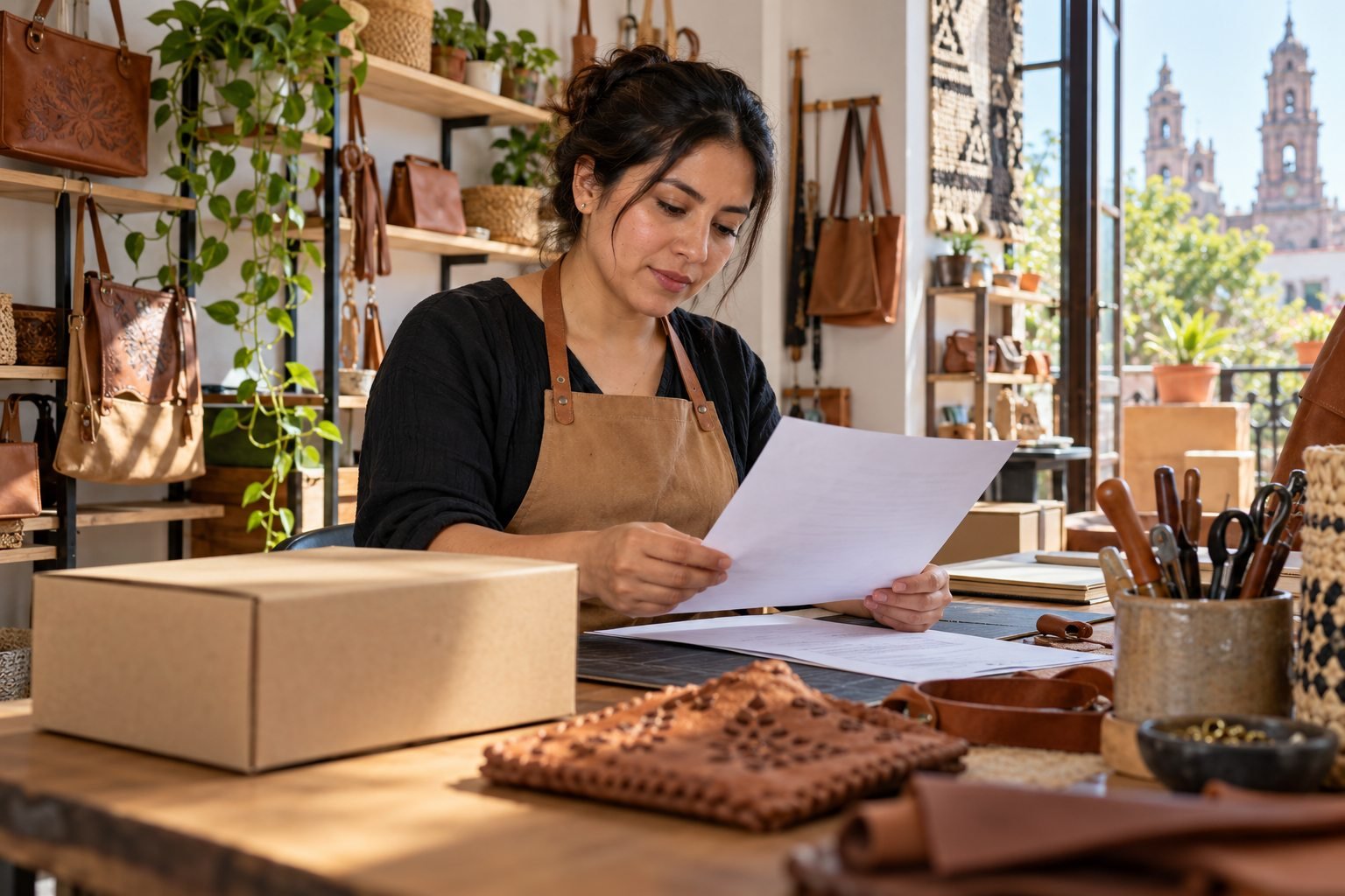 Emprendedora artesanal revisa documentos en su taller-tienda junto a una caja de producto.