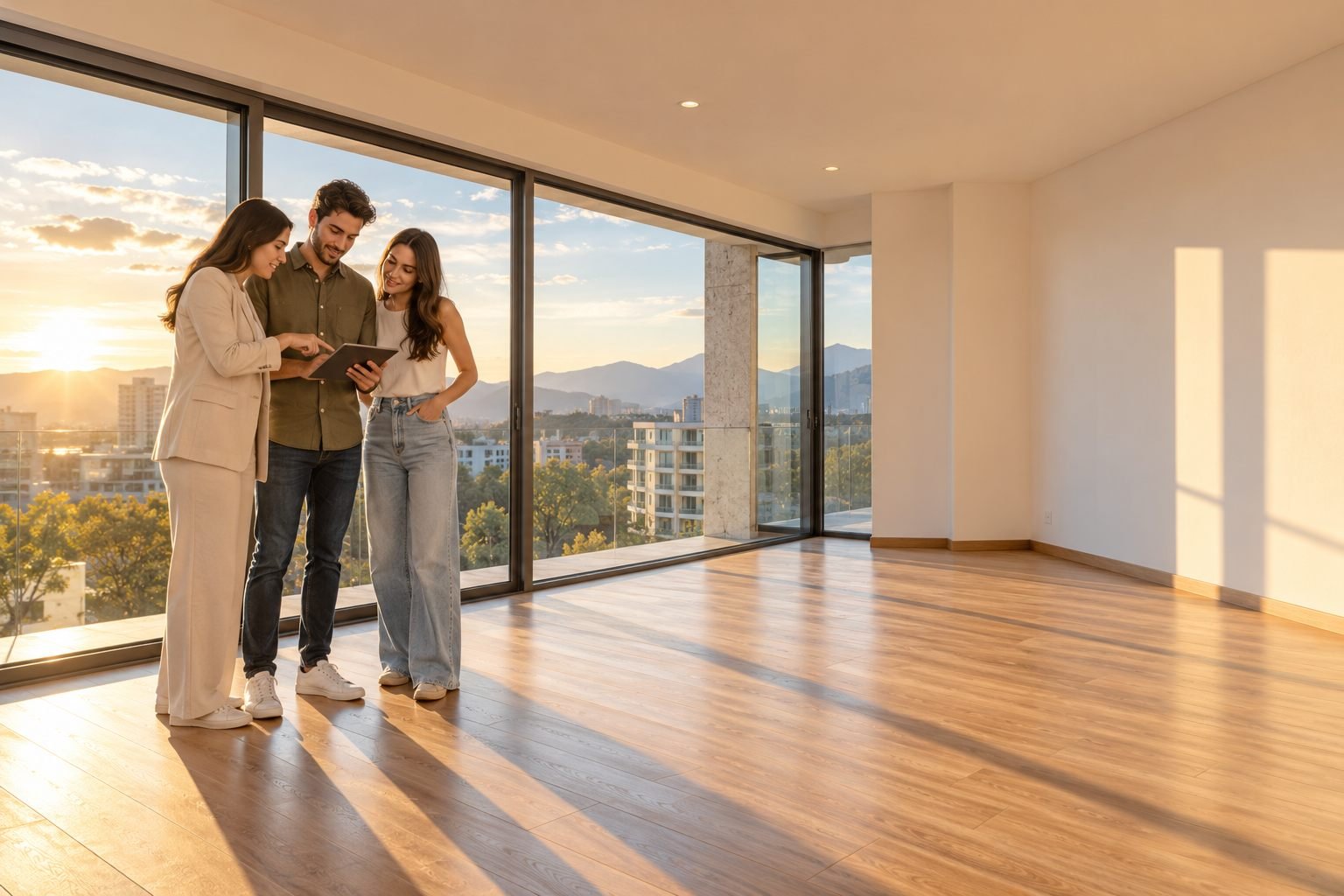 Pareja y asesora revisan un departamento vacío