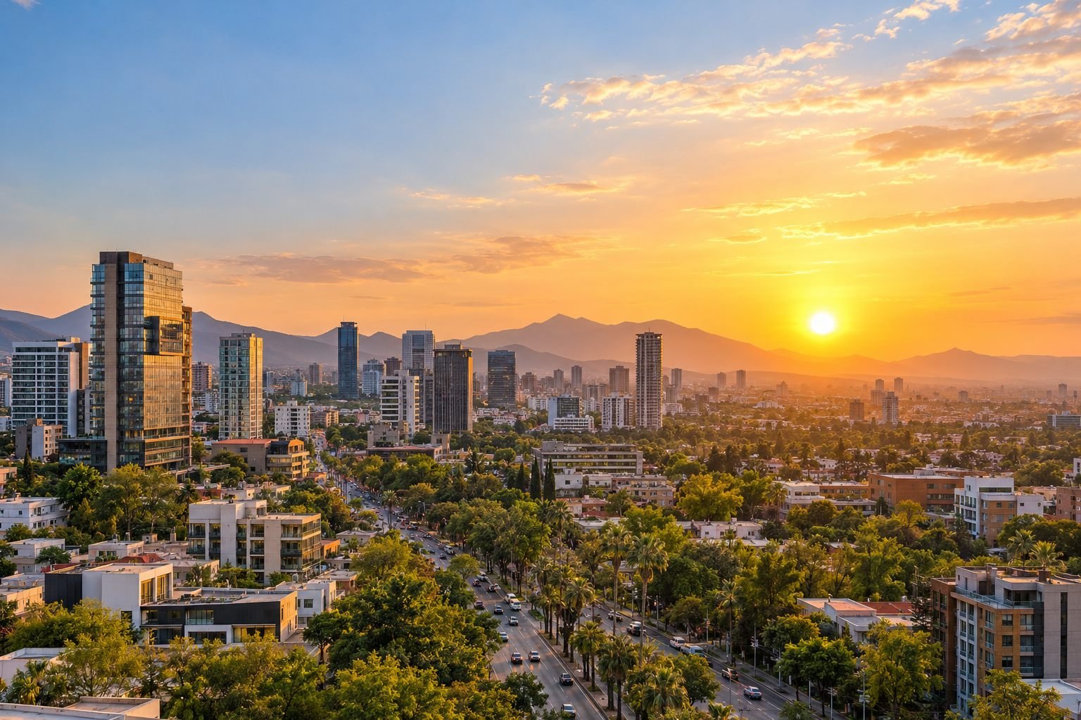 Vista de una ciudad moderna al atardecer.