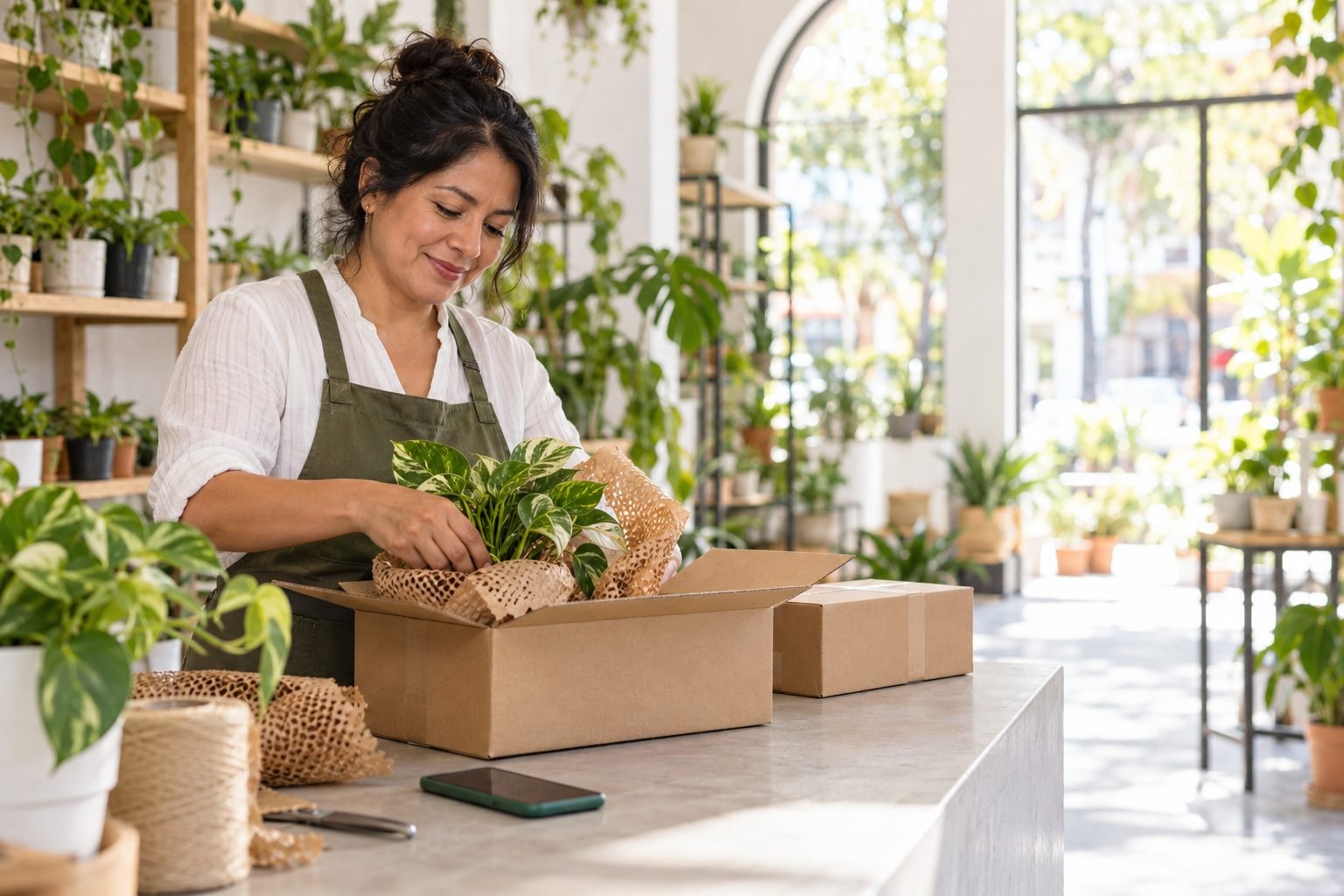 Dueña de una tienda de plantas empaca un pedido sobre el mostrador.