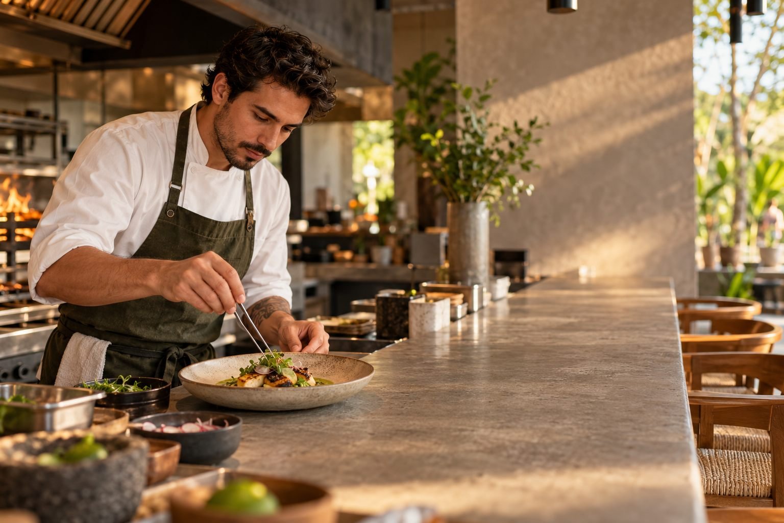 Chef emplata en la cocina abierta de un restaurante moderno