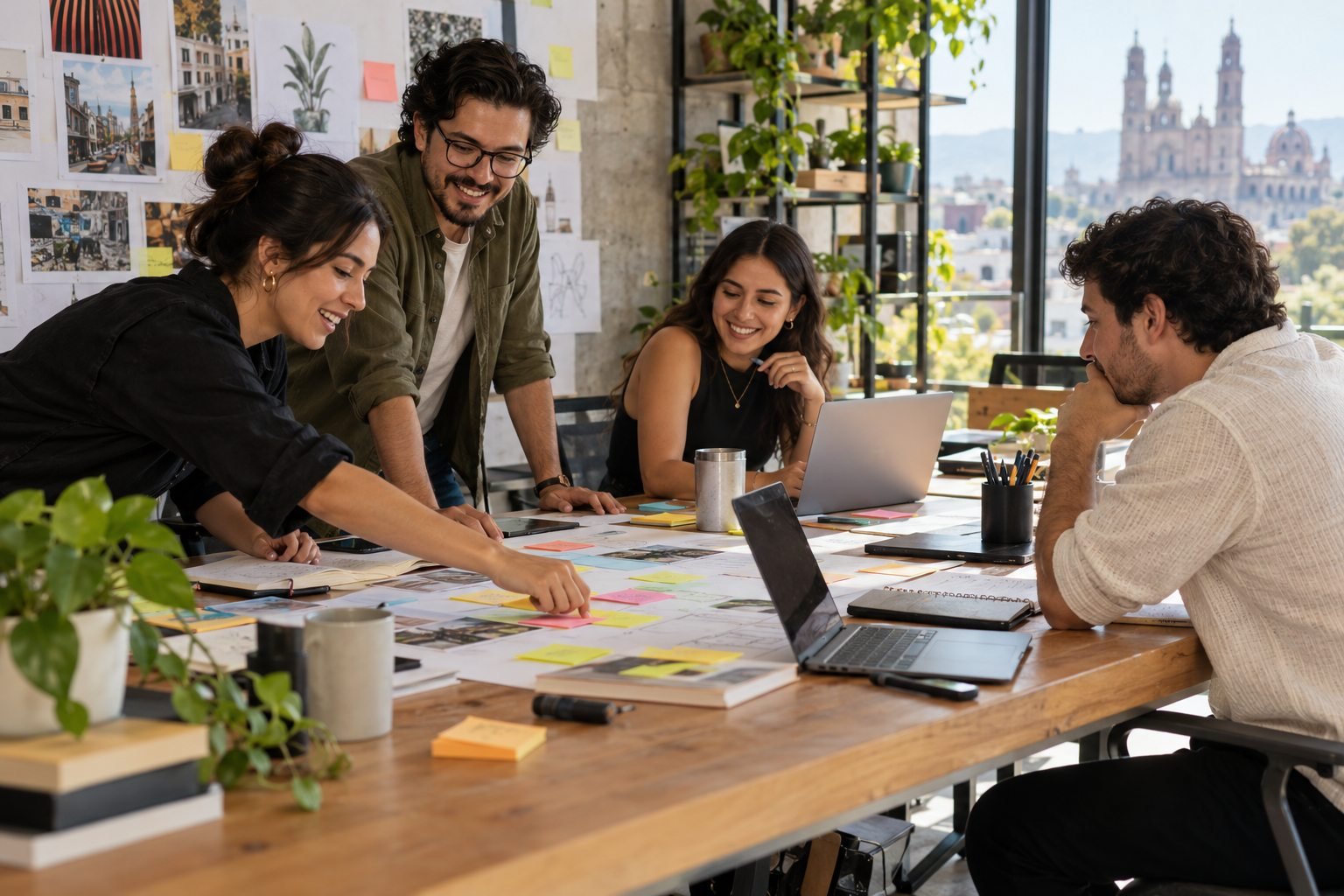 Equipo pequeño trabaja alrededor de una mesa grande en una oficina creativa.