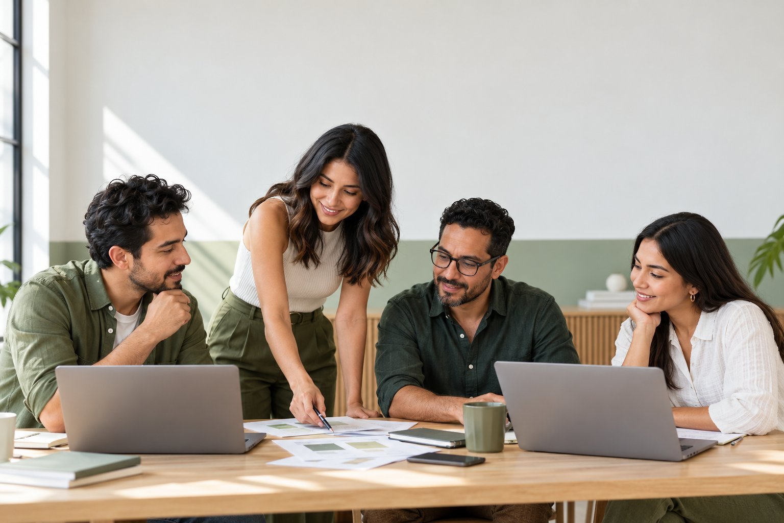 Equipo diverso colaborando alrededor de una mesa