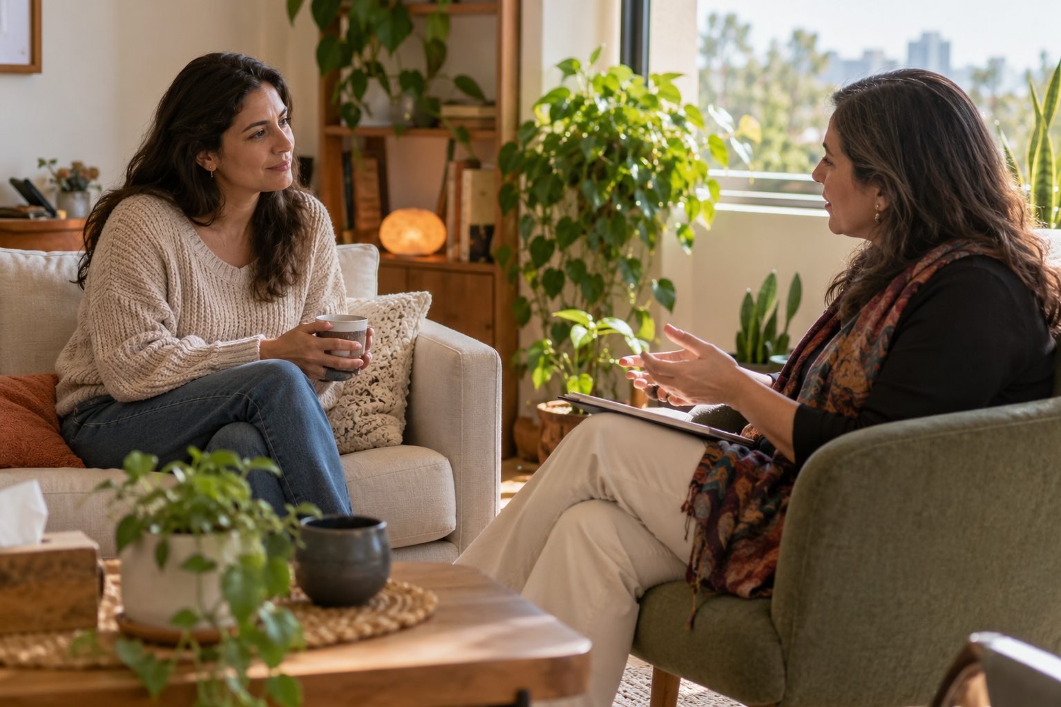 Dos mujeres conversan en una sala de acompañamiento con sillones y plantas.