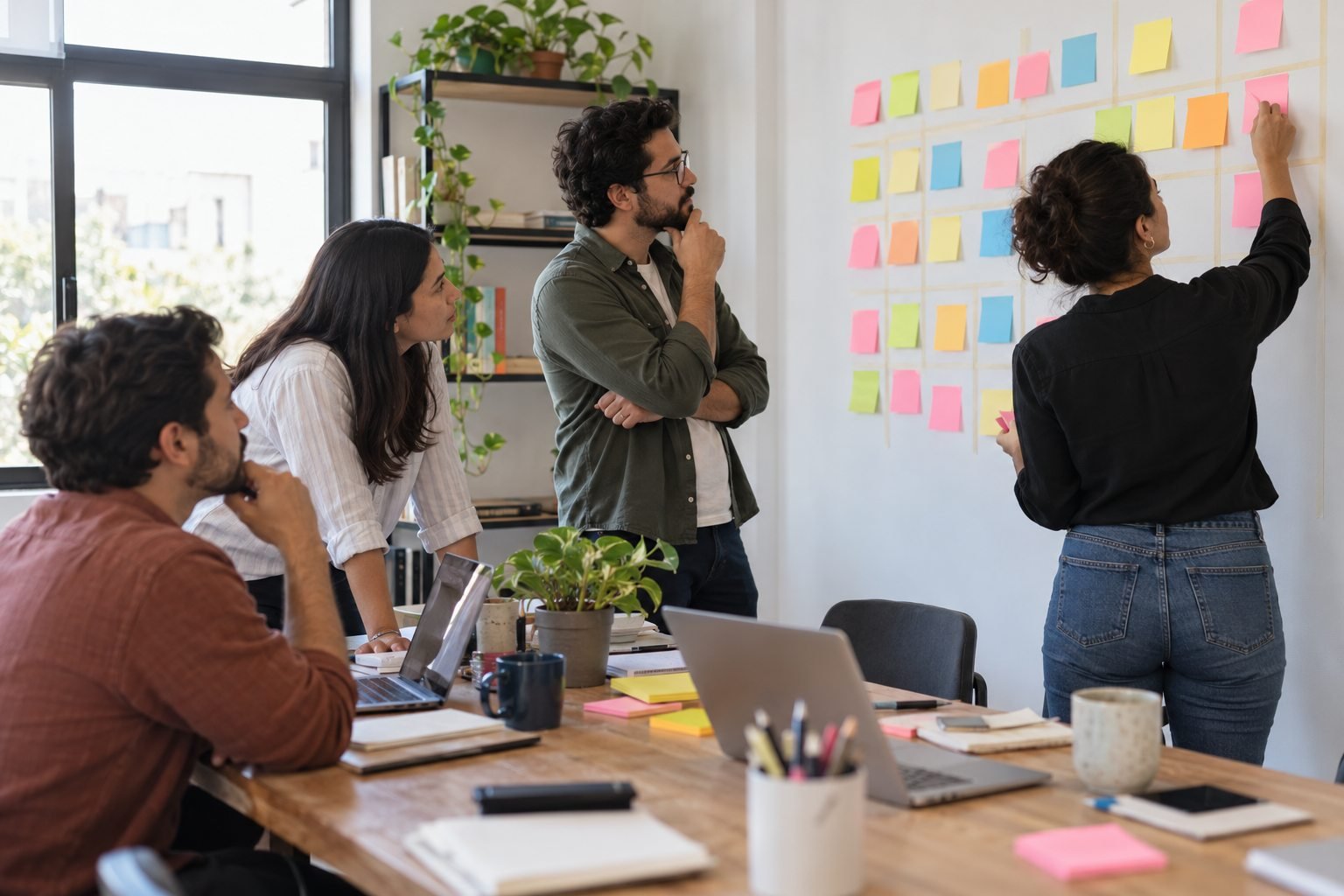 Equipo planea un calendario de publicaciones con notas adhesivas de colores en una pared.