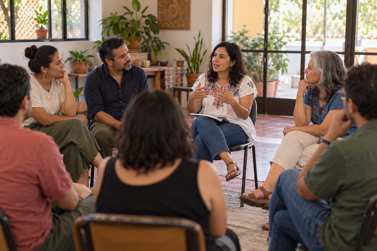 Personas sentadas en círculo escuchan a quien dirige un taller en un salón comunitario.