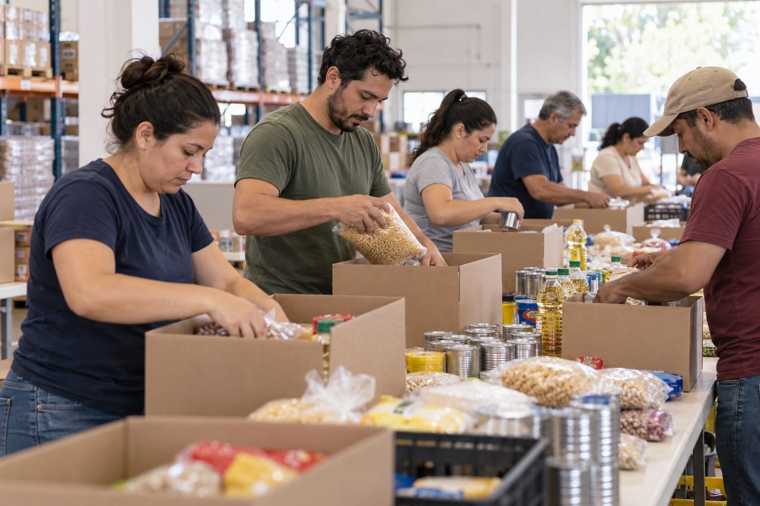 Voluntarias y voluntarios preparan cajas de despensa en una bodega comunitaria.