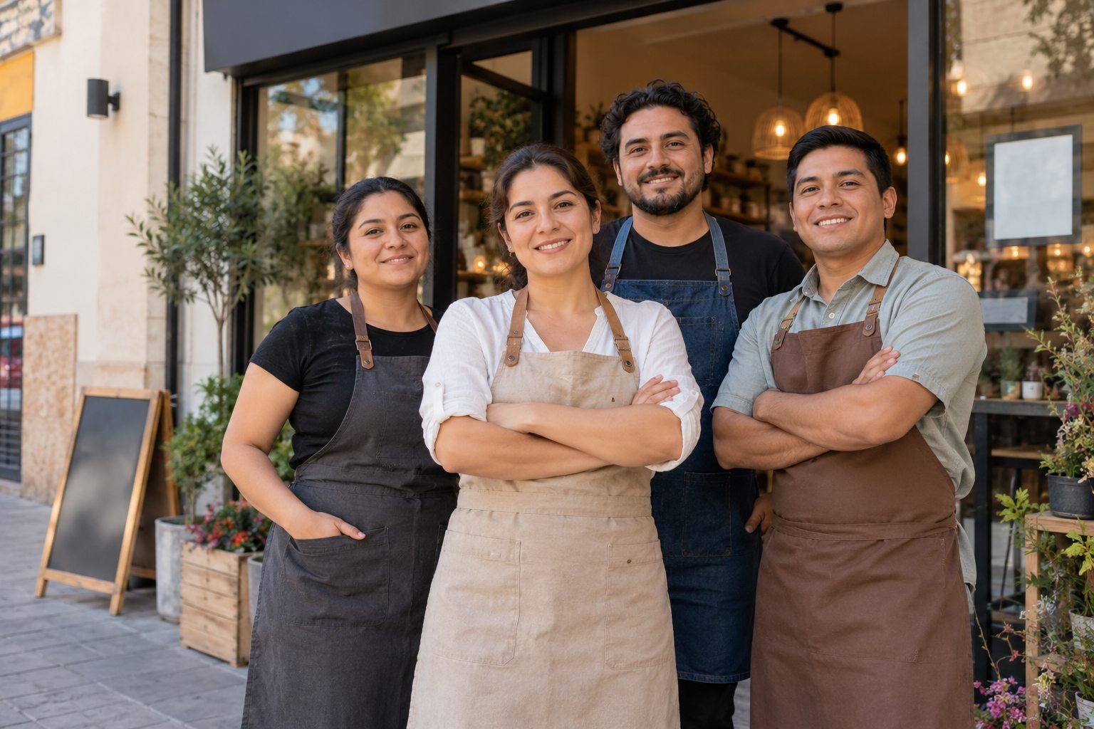Dueña de un pequeño negocio y su equipo posan frente a la fachada de su tienda.