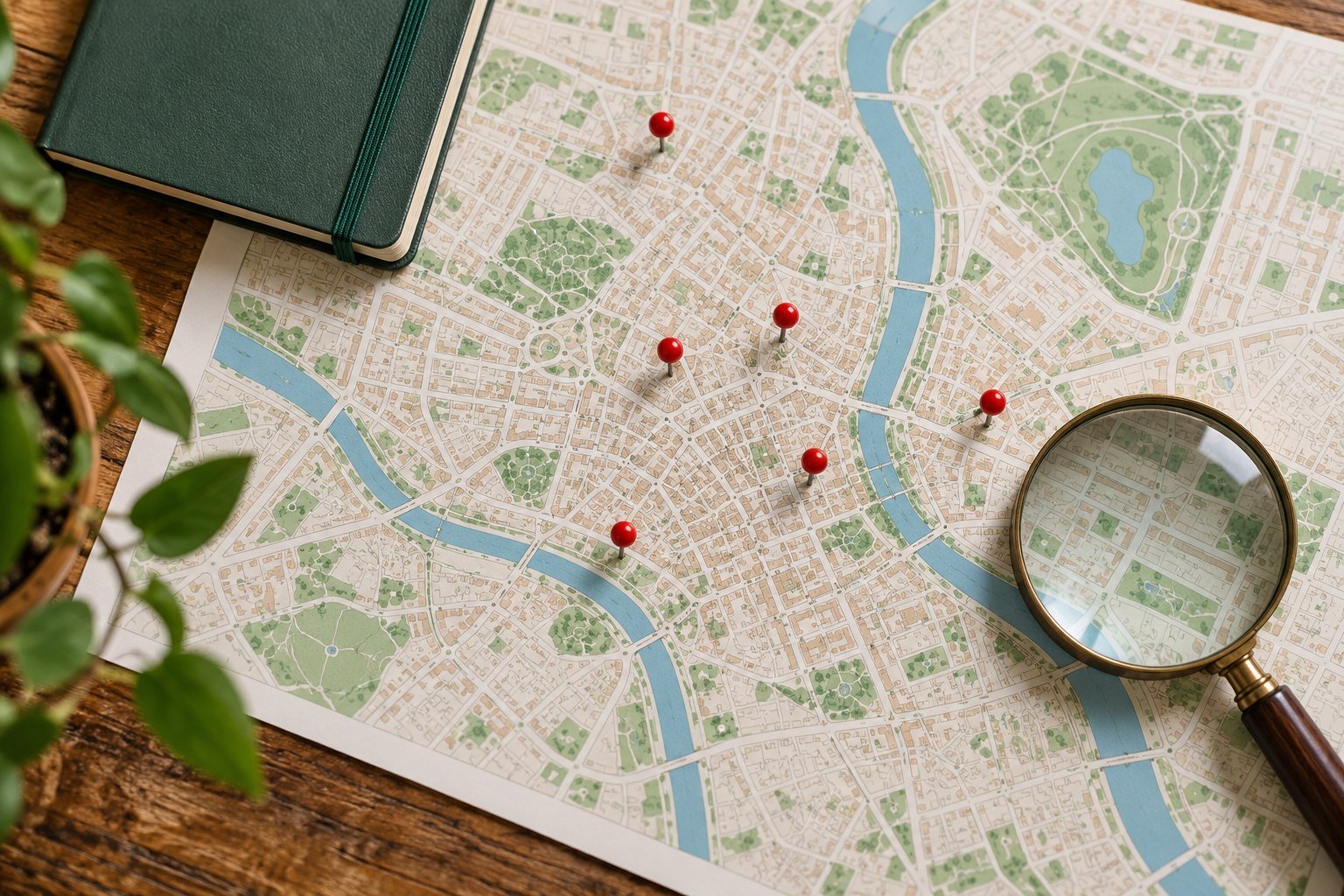 Mapa impreso de una ciudad visto desde arriba con alfileres rojos, una lupa y una libreta cerrada sobre una mesa