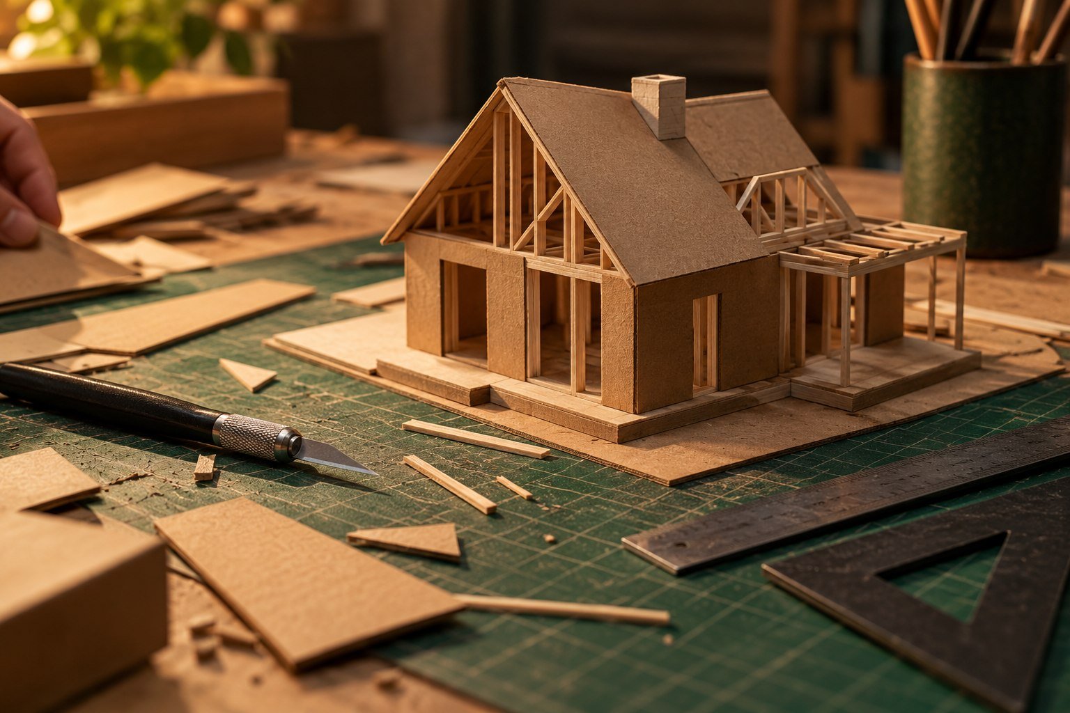 Maqueta de una casa de cartón y madera balsa en armado sobre una mesa de taller, con cutter, escuadra y regla alrededor