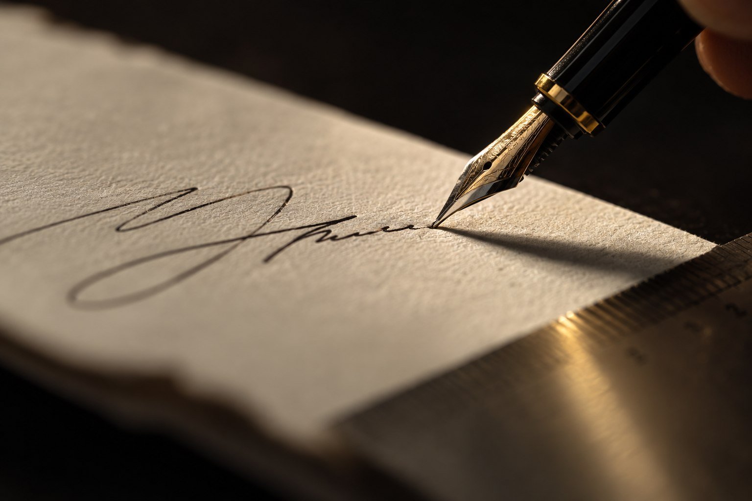 Punta de una pluma fuente firmando una hoja de papel, con una regla metálica desenfocada y fondo oscuro