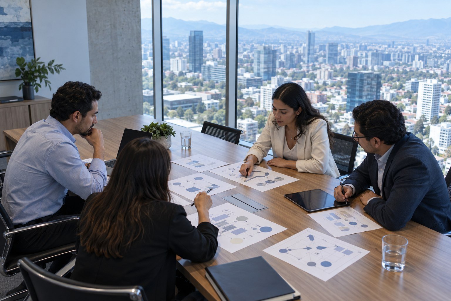 Cuatro personas revisan hojas con formas y flechas en una sala de juntas con ventanal.