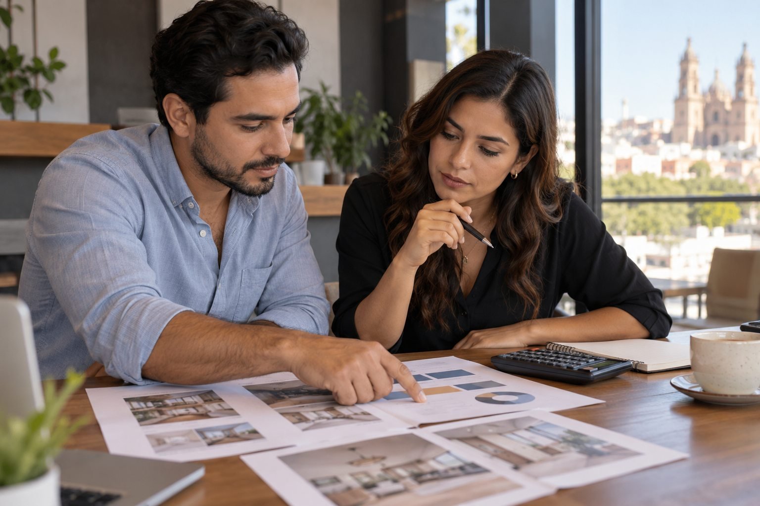 Dos personas revisan una propuesta impresa sobre una mesa con una calculadora.