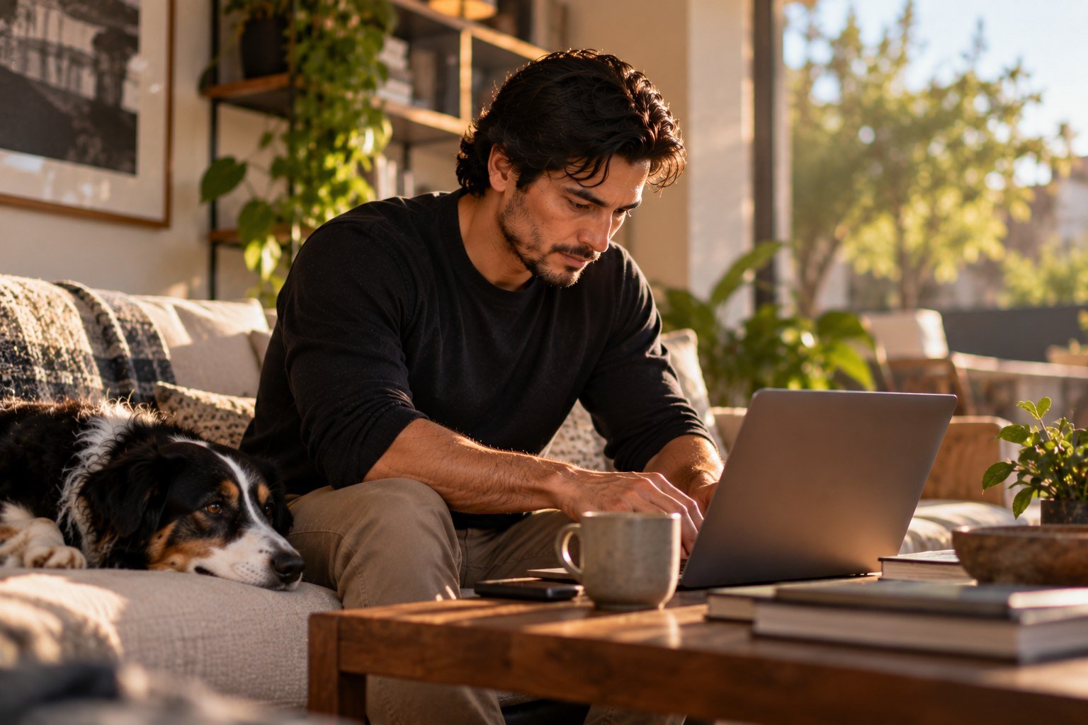 Hombre trabaja con una laptop en un sofá junto a un perro que descansa a su lado.