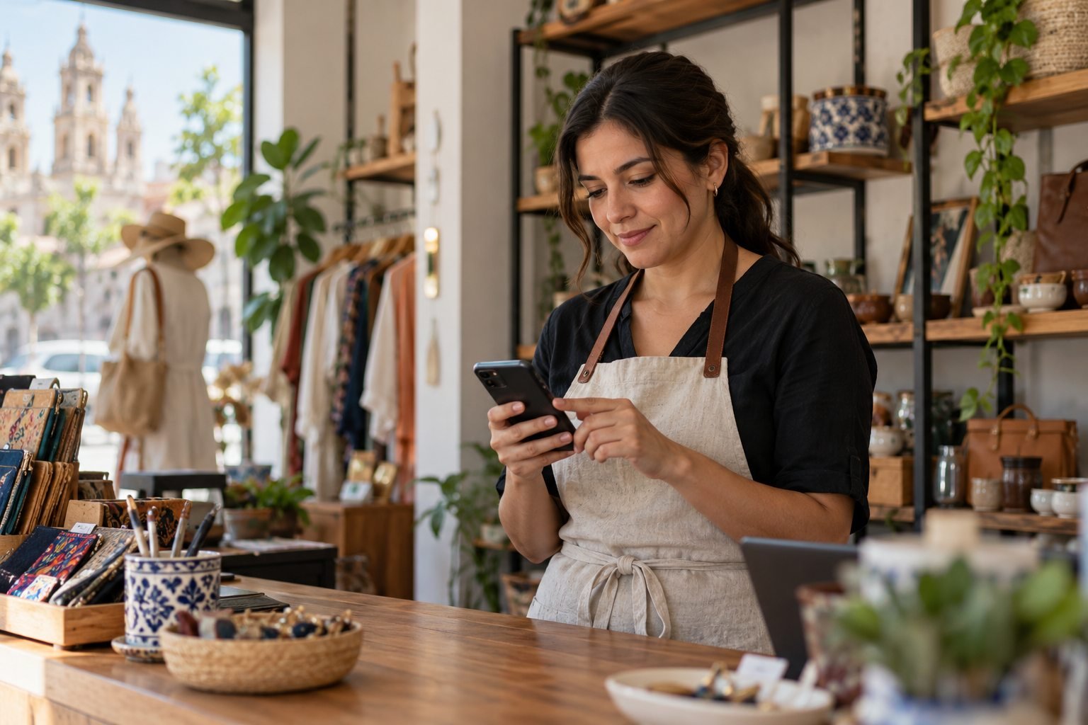 Dueña de una tienda responde mensajes en su celular detrás del mostrador.