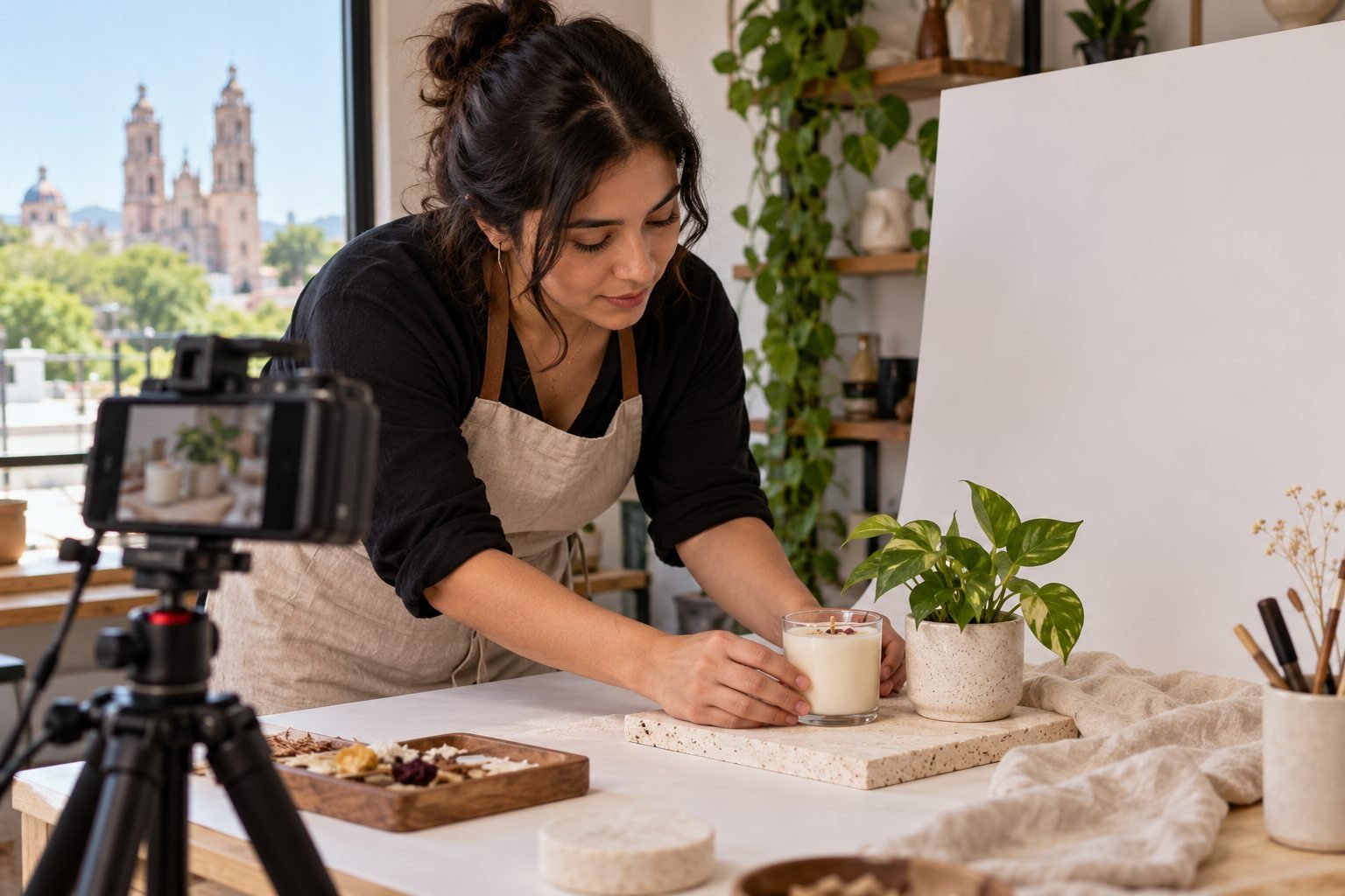 Fotógrafa acomoda una vela y una planta para una foto de producto, con cámara en tripié.