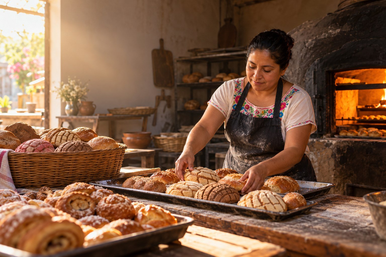 Mujer con delantal acomoda panes recién horneados en charolas junto a un horno de leña con luz de amanecer.