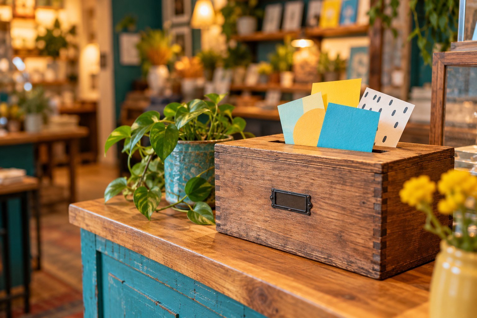 Buzón de sugerencias de madera en el mostrador de un comercio, con tarjetas de colores asomando por la ranura