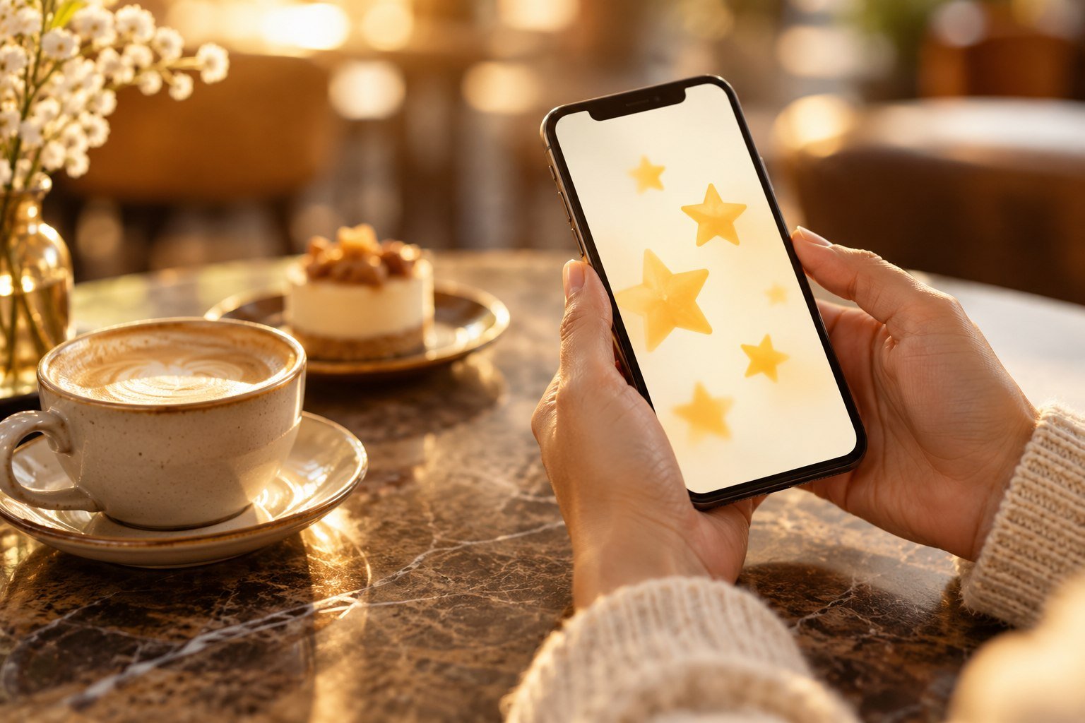 Manos sostienen un celular con estrellas amarillas sobre una mesa de restaurante con café y un postre.