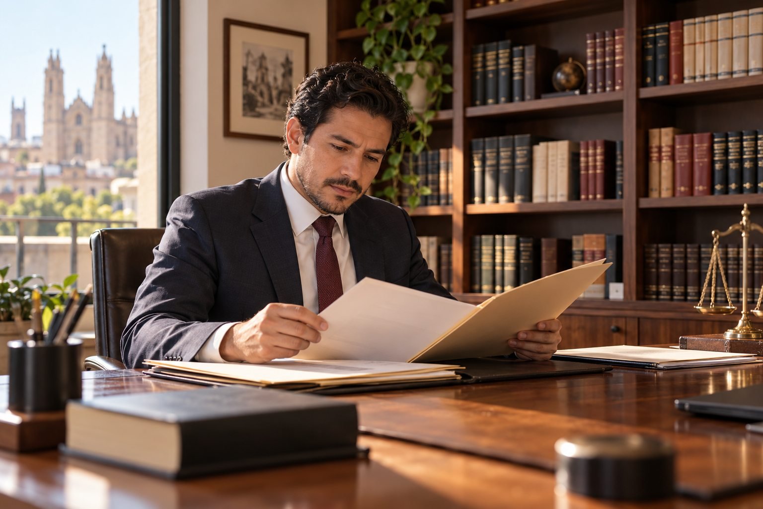 Abogado revisa un expediente en la biblioteca de su despacho.