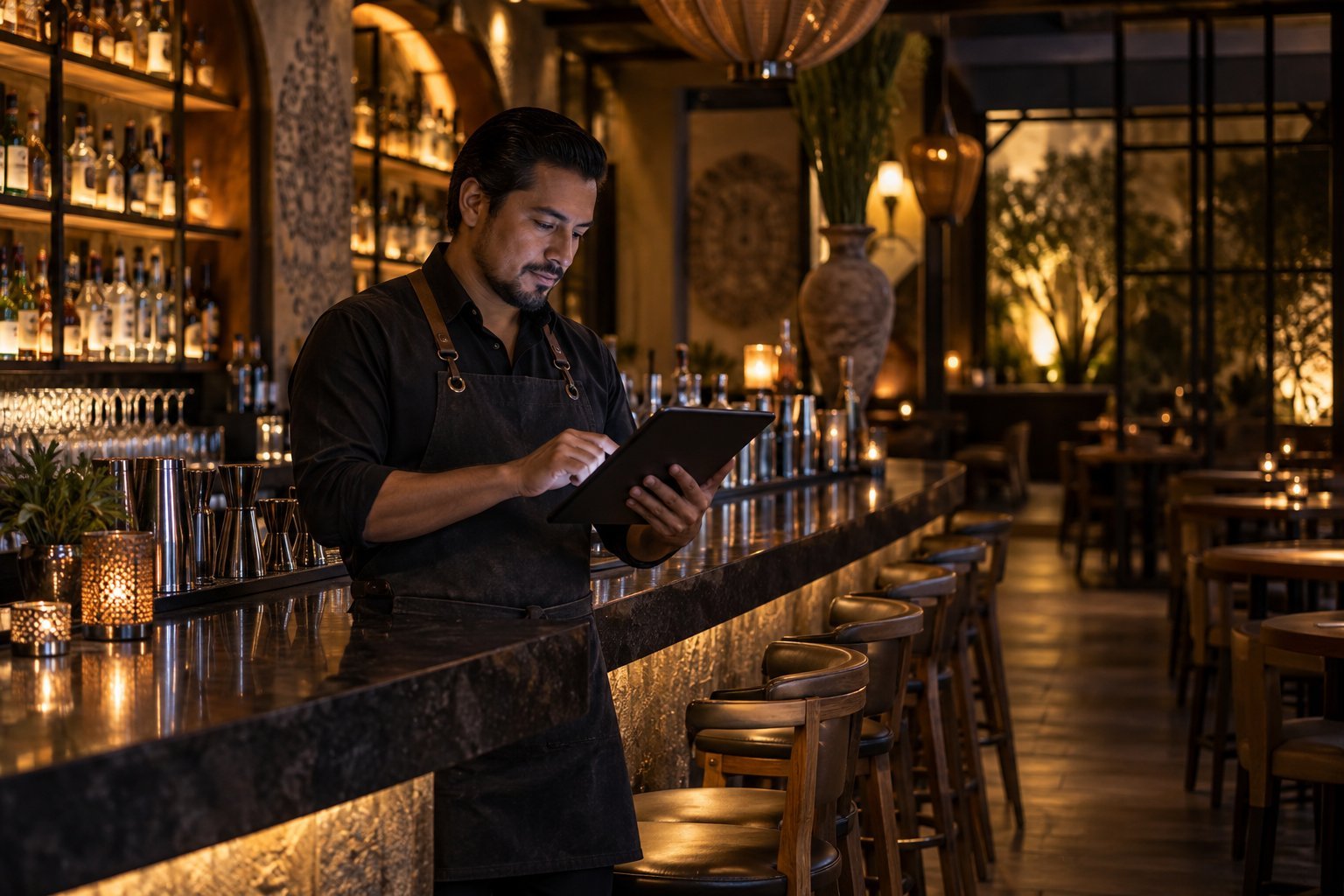 Encargado de un bar revisa la lista de reservas en una tableta, de pie junto a la barra antes de abrir