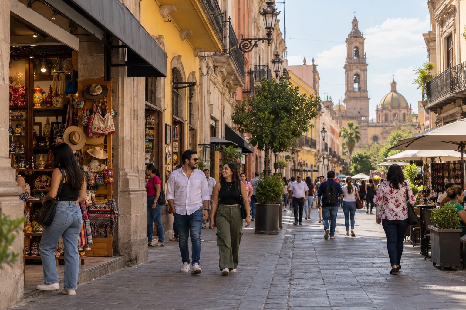 Calle comercial de un centro histórico con negocios abiertos y personas caminando.