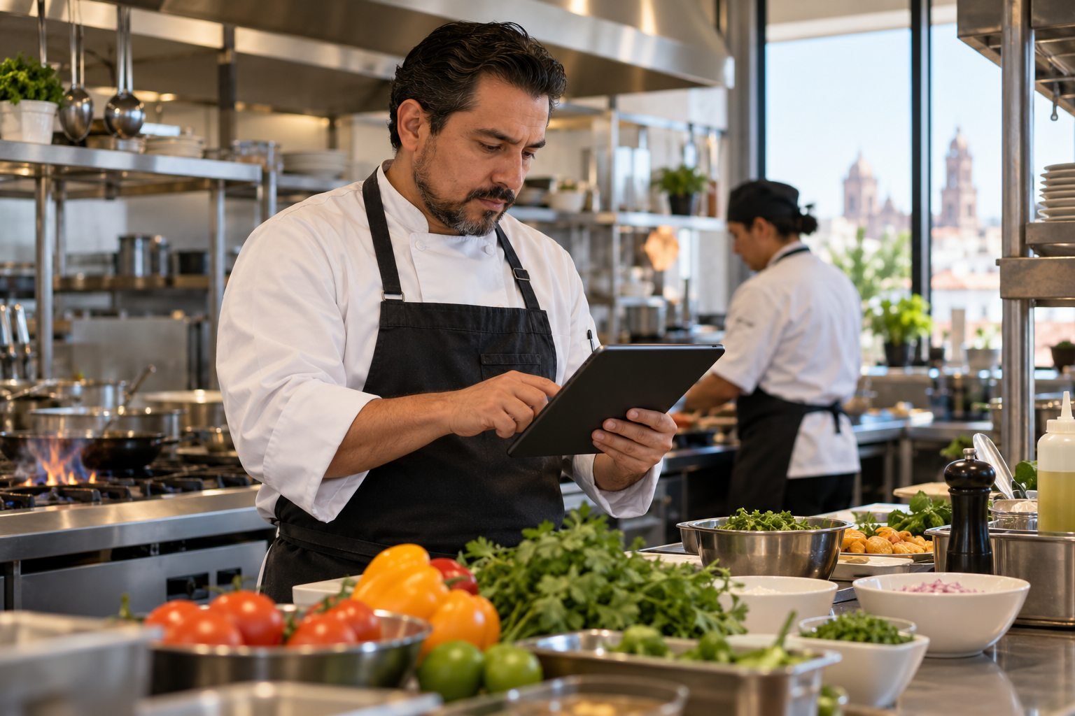 Chef revisa pedidos en una tableta en la cocina de un restaurante.
