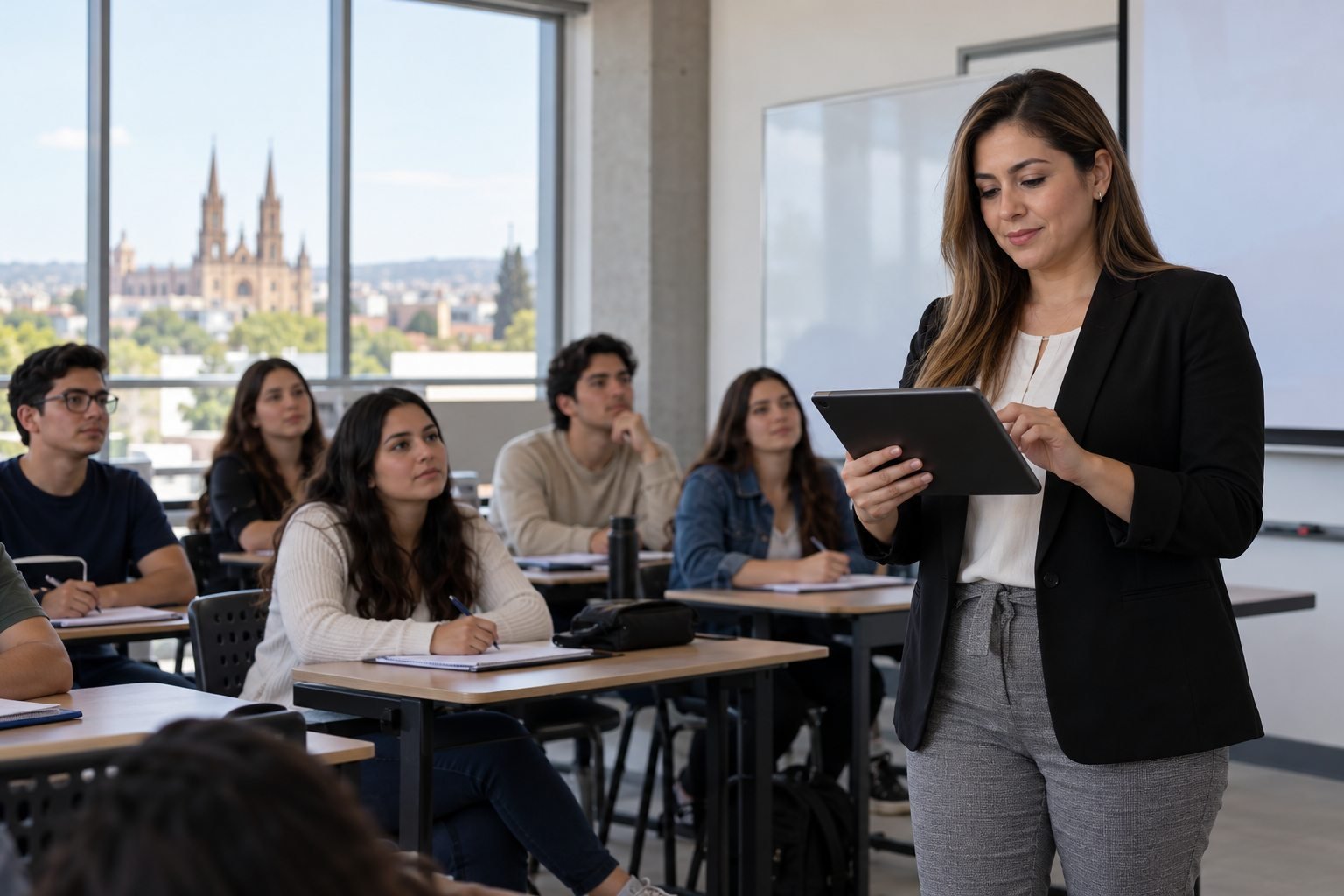 Maestra usa una tableta frente a su salón de clases con estudiantes sentados.