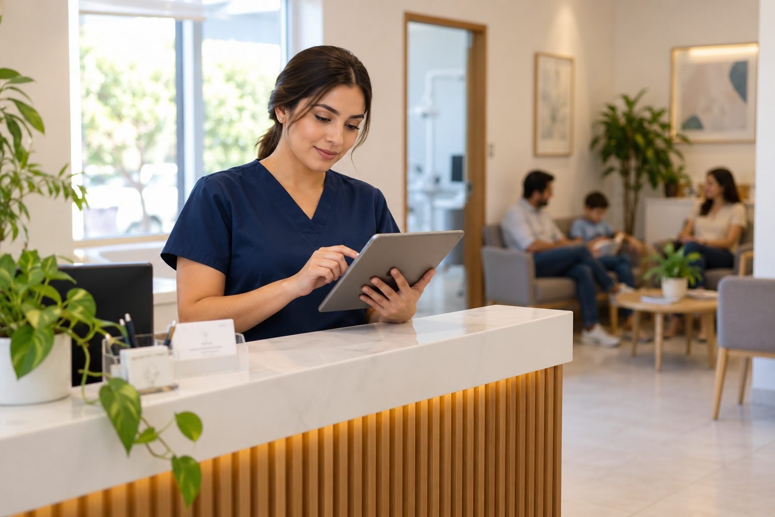 Recepcionista de un consultorio revisa la agenda en una tableta con la sala de espera al fondo.