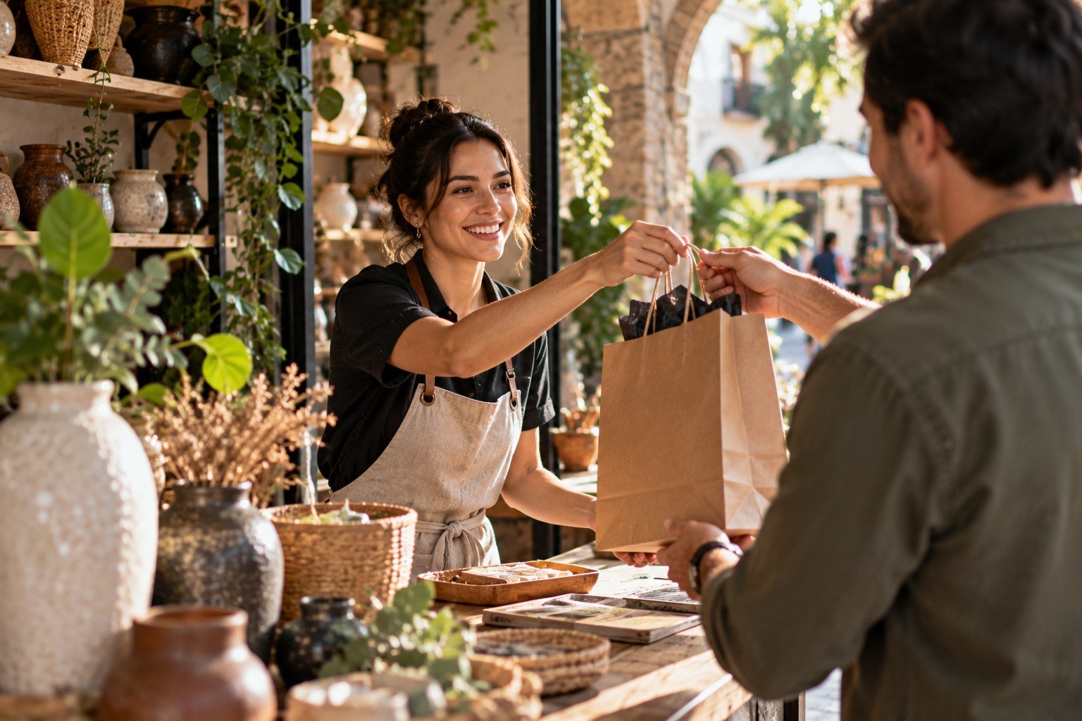 Una mujer entrega una bolsa de papel a un cliente dentro de una tienda artesanal con vasijas y plantas.