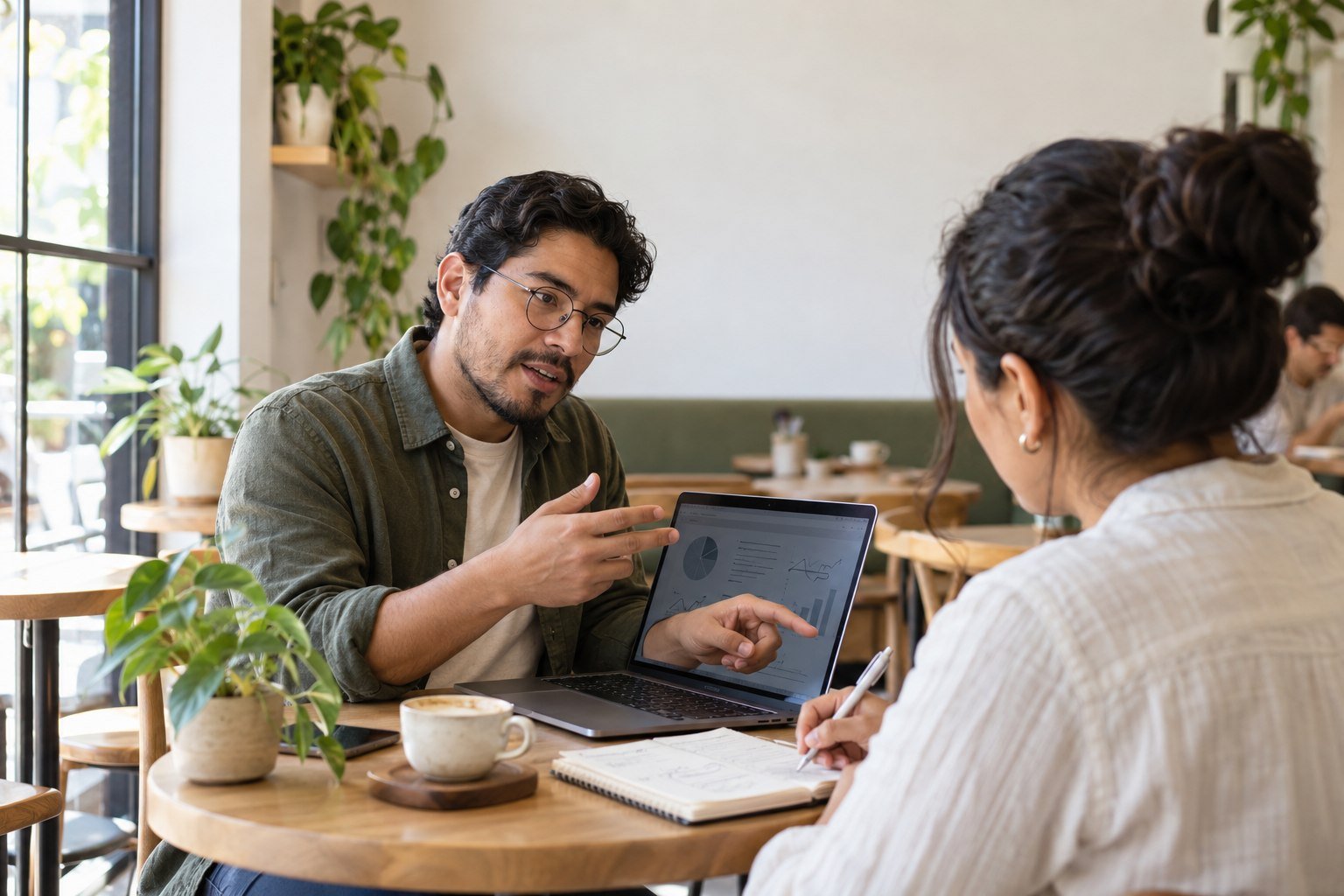 Dos personas frente a frente en una cafetería, con una laptop abierta y una libreta para tomar notas.